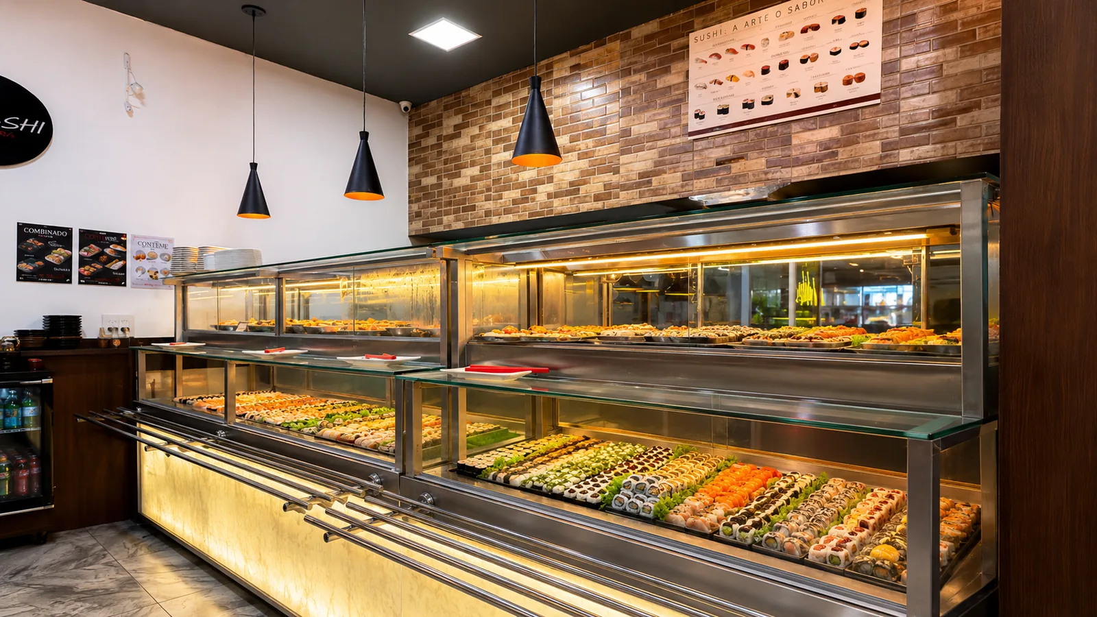 Balcão de sushi do Nuboa Sushi com peças variadas expostas na vitrine iluminada